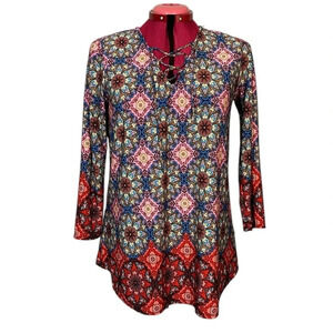 House of CB  tunic three-quarter length sleeves V-neck front ties kaleidoscope